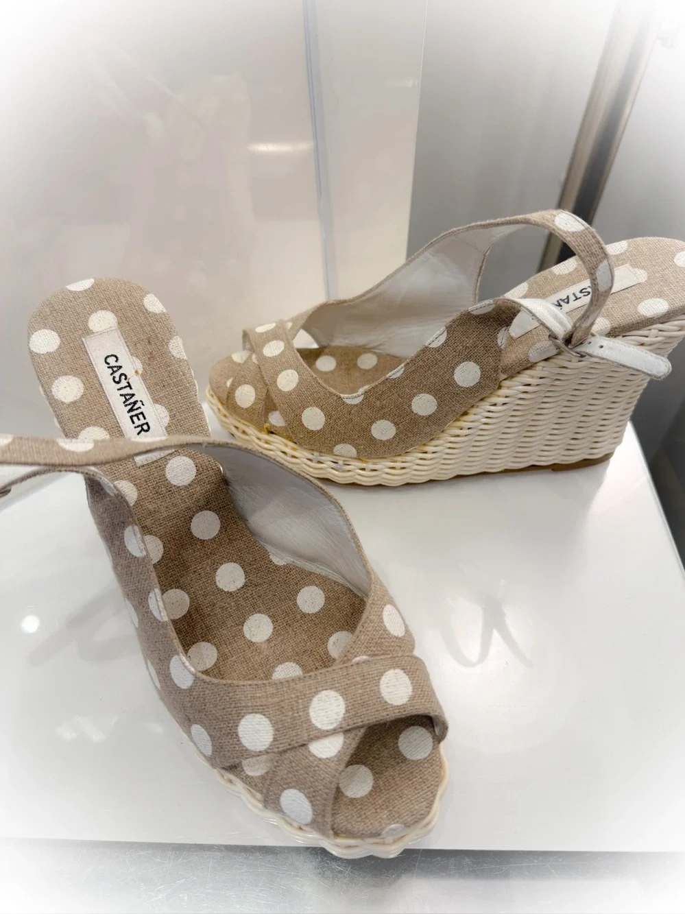 New Never worn Castanet Beige Polka Dot Espadrille Wedge Sandals Made in Spain